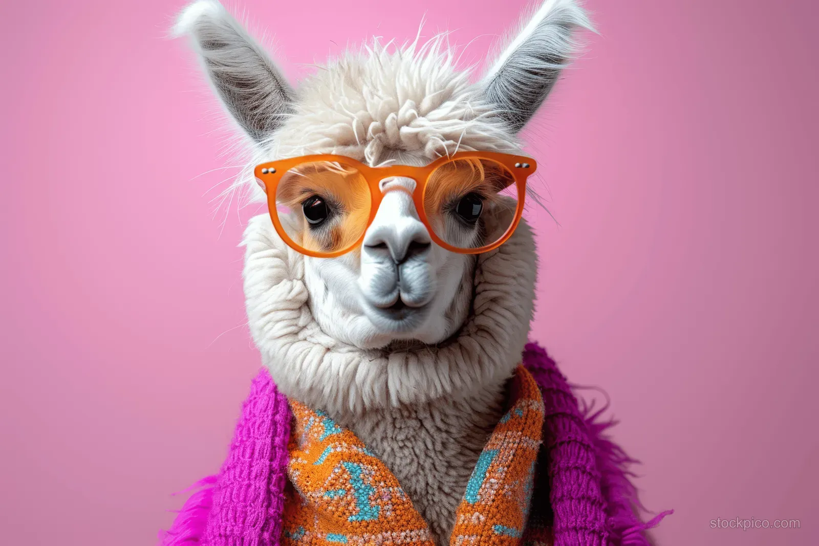 Alpaca wearing oversized orange glasses and a colorful outfit poses against a solid bright pink background.