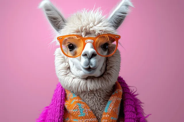 Alpaca wearing oversized orange glasses and a colorful outfit poses against a solid bright pink background.