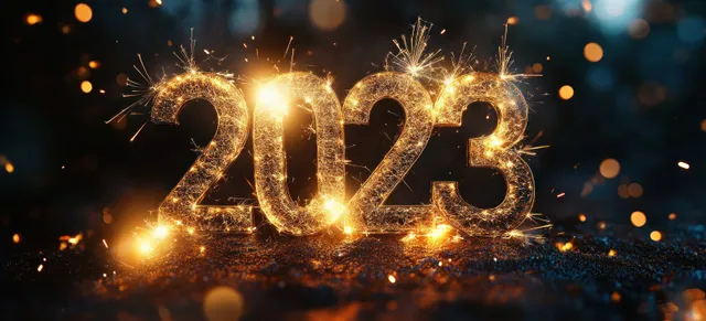 Golden sparkler numerals for 2023 glow against a dark bokeh background with drifting sparks.