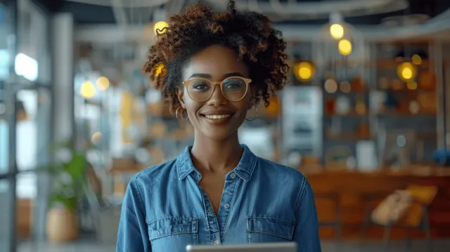 Confident smiling African American businesswoman holding a tablet in a modern office with Technology At Work