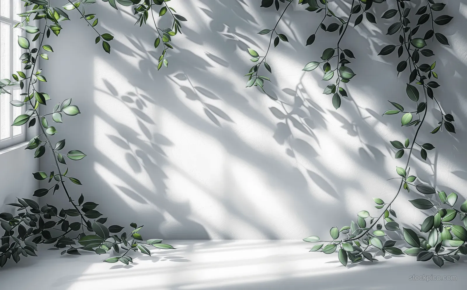 Green leaves drape along the edges while dappled shadows fall on a white studio backdrop.