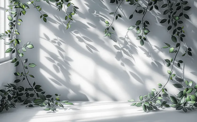 Leaf shadows on white wall create a minimal natural frame for product displays