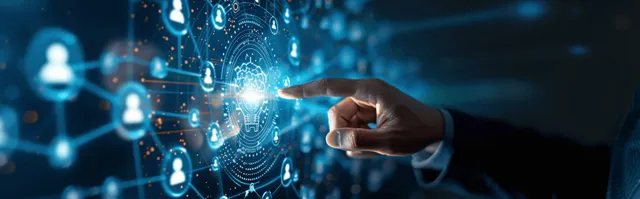 Businesswoman hand reaching through glowing digital network for client CRM connections
