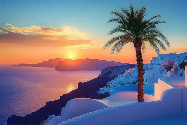 A tall palm tree stands beside white buildings on a cliff overlooking calm ocean waters at sunset.