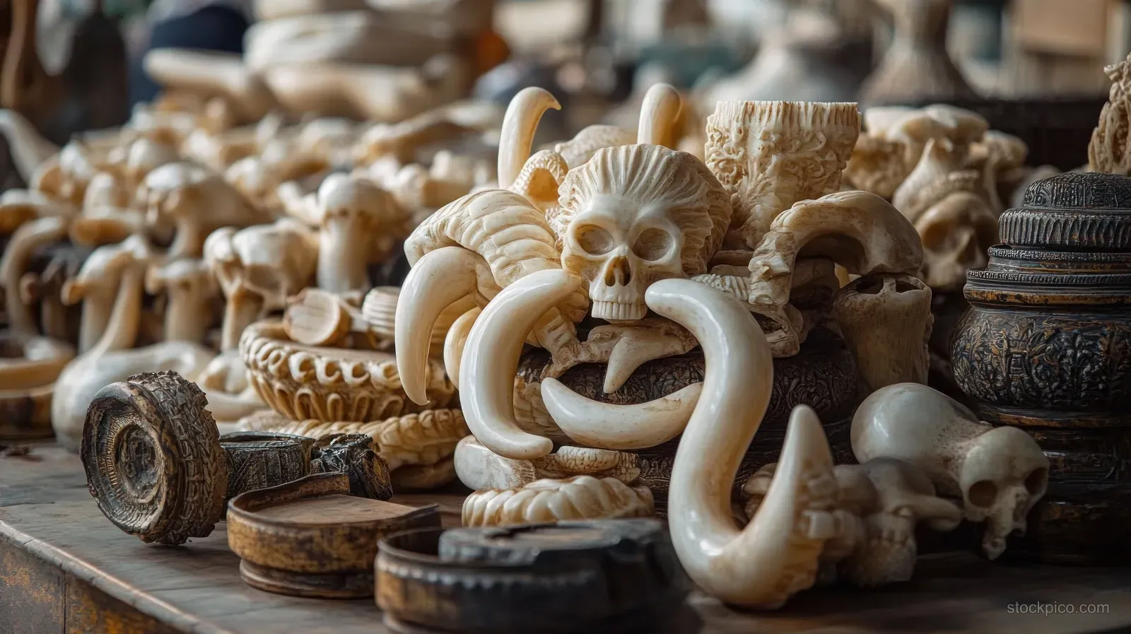 Ivory skull and tusk carvings with intricate engraved patterns arranged on a wooden display table.