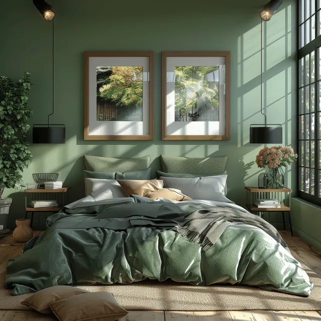 Sunlit modern bedroom showing a bed with green bedding, framed wall art, black lamps, and flower arrangements near a large window.