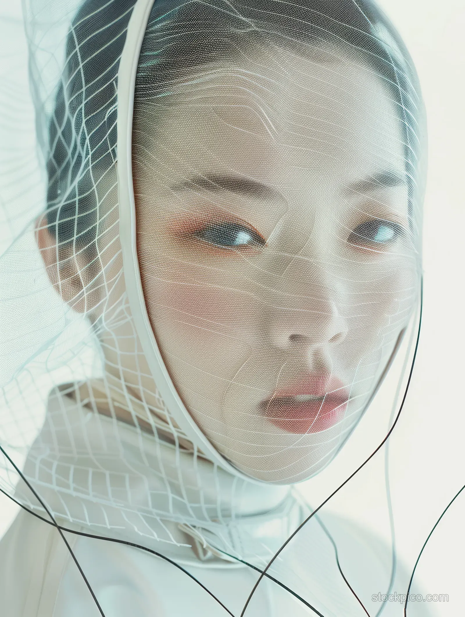 A Chinese fencer lunges forward, her focused eyes visible through a white fencing mask mesh.