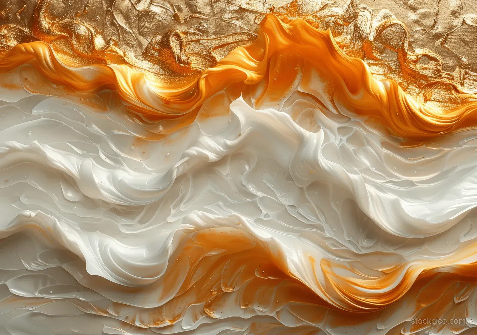 Gold and white abstract waves with embossed acrylic texture and glossy highlights fill the frame.