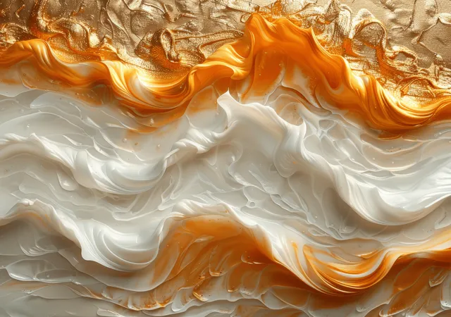 Gold and white abstract acrylic waves with embossed texture and shimmering highlights