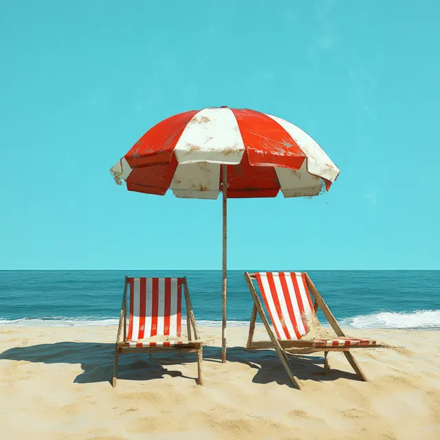 Red and white striped deck chairs under umbrella on sunny beach by the ocean with Seaside Travel