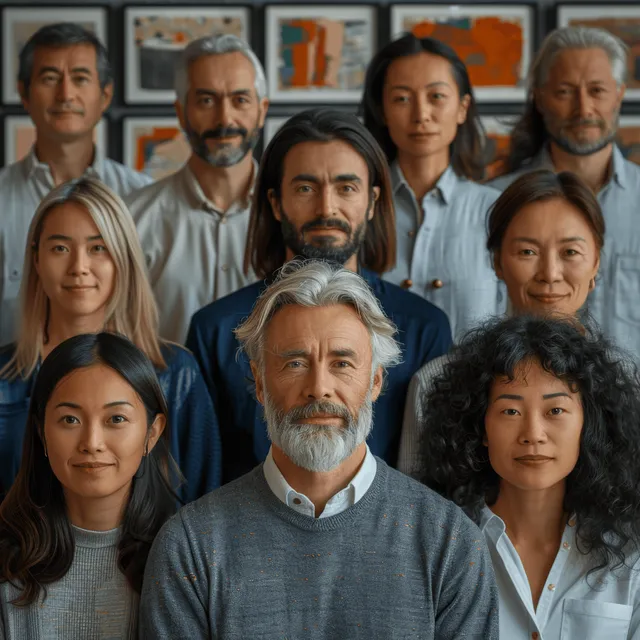 Un grupo multicultural de personas posa para la cámara frente a obras de arte enmarcadas en una pared.