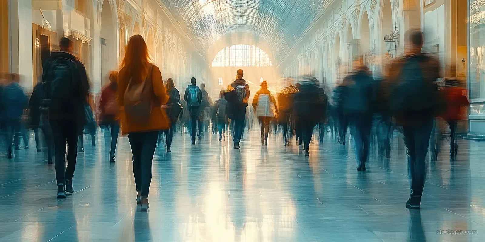 Blurred students walk down a college corridor with reflected lights on the polished floor.