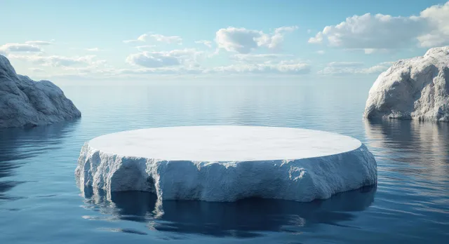 Flat ice-covered rock island in calm blue water under cloudy sky
