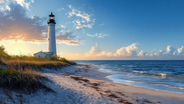 Lighthouse standing on Cape Florida beach with sand dunes and sunrise clouds