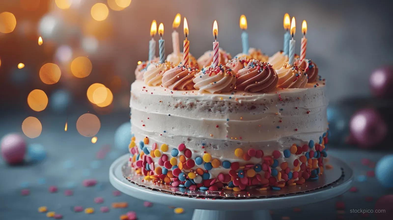 Layered birthday cake with colorful frosting, rainbow sprinkles, and glowing candles on a plate with warm bokeh lights.