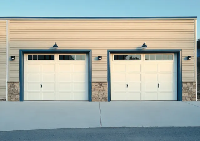 Symmetrical beige building facade showing two closed white garage doors with small windows, stone trim base, and outdoor lights.