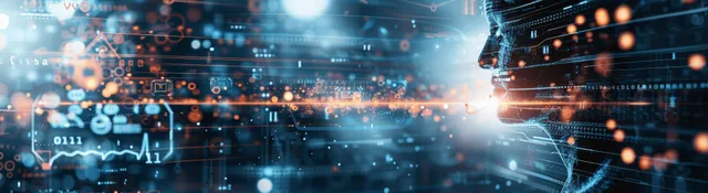 Glowing AI data stream and holographic medical network hover over a futuristic hospital lab scene.