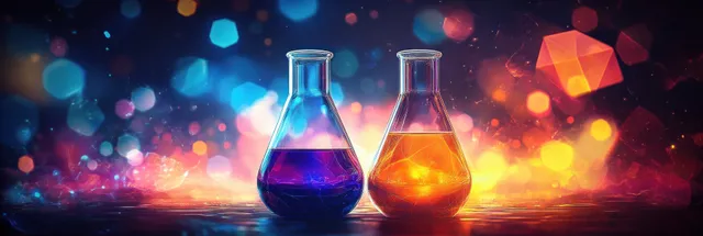 Two glass laboratory flasks contain glowing purple and orange liquids while colorful bokeh sparkles fill the background.