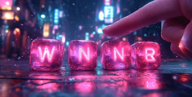 A hand flips glowing neon letter dice that spell WIN on a wet street at night.