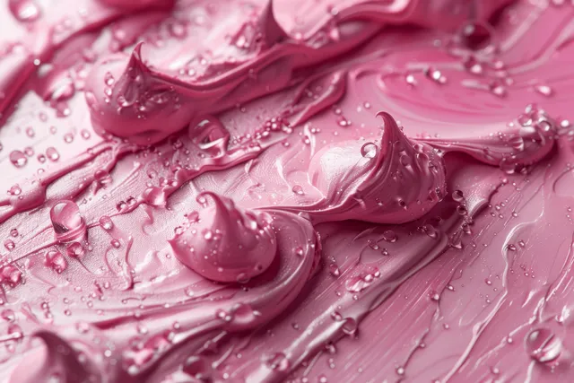 Closeup pink cosmetic clay paste smudges with wet droplets and glossy swirling texture on a smooth surface.
