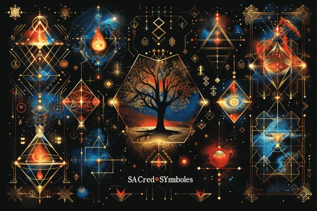 Glowing sacred geometry symbols surround a Tree of Life silhouette on a dark cosmic background.