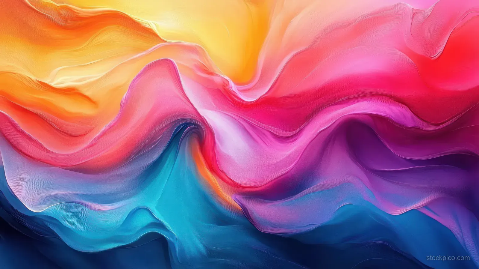 Layered abstract wave ribbons in pink orange and blue form a luminous gradient background.