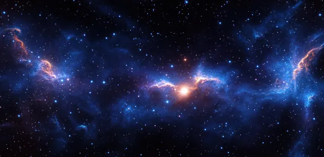 A luminous starfield stretches across a deep blue night sky with vivid purple and orange nebula clouds.