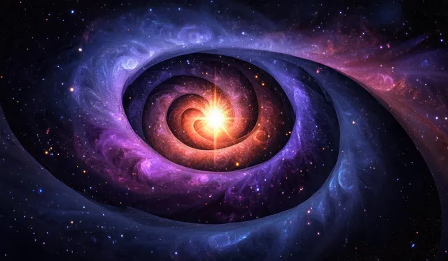 A colorful spiral galaxy surrounds a bright glowing core, with swirling nebula clouds in dark space.