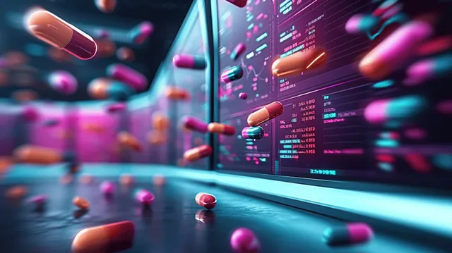 Futuristic computer screen displays network dashboard metrics as colorful data particles streak across the scene.