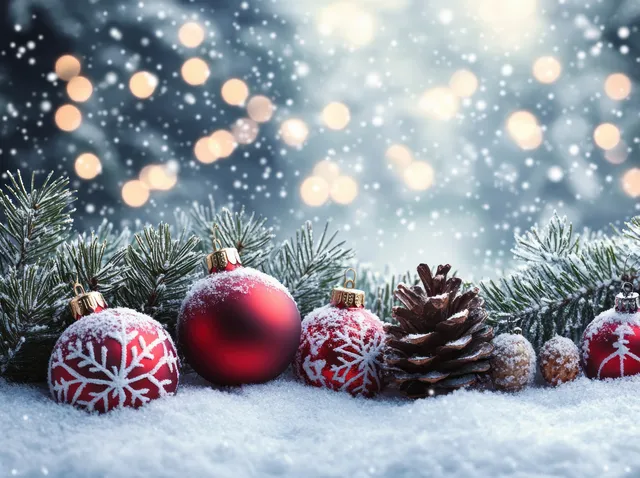 Snow-covered pine branches display red Christmas ornaments, pinecones, and gentle falling snowflakes with warm bokeh lights.
