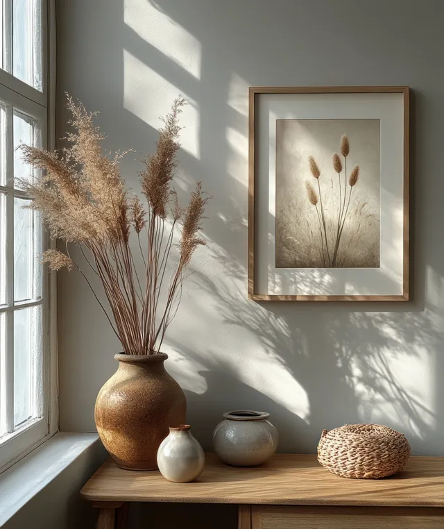 Minimalist wooden picture frame on wall beside window light and dried pampas grass vase