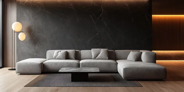 A grey sectional sofa sits beside a marble coffee table in a minimalist living room with warm lighting.