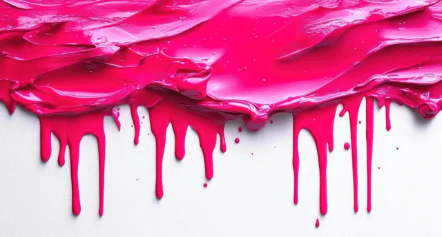 Tinta rosa-choque escorre em finas faixas de uma camada espessa sobre um fundo de tela branco.