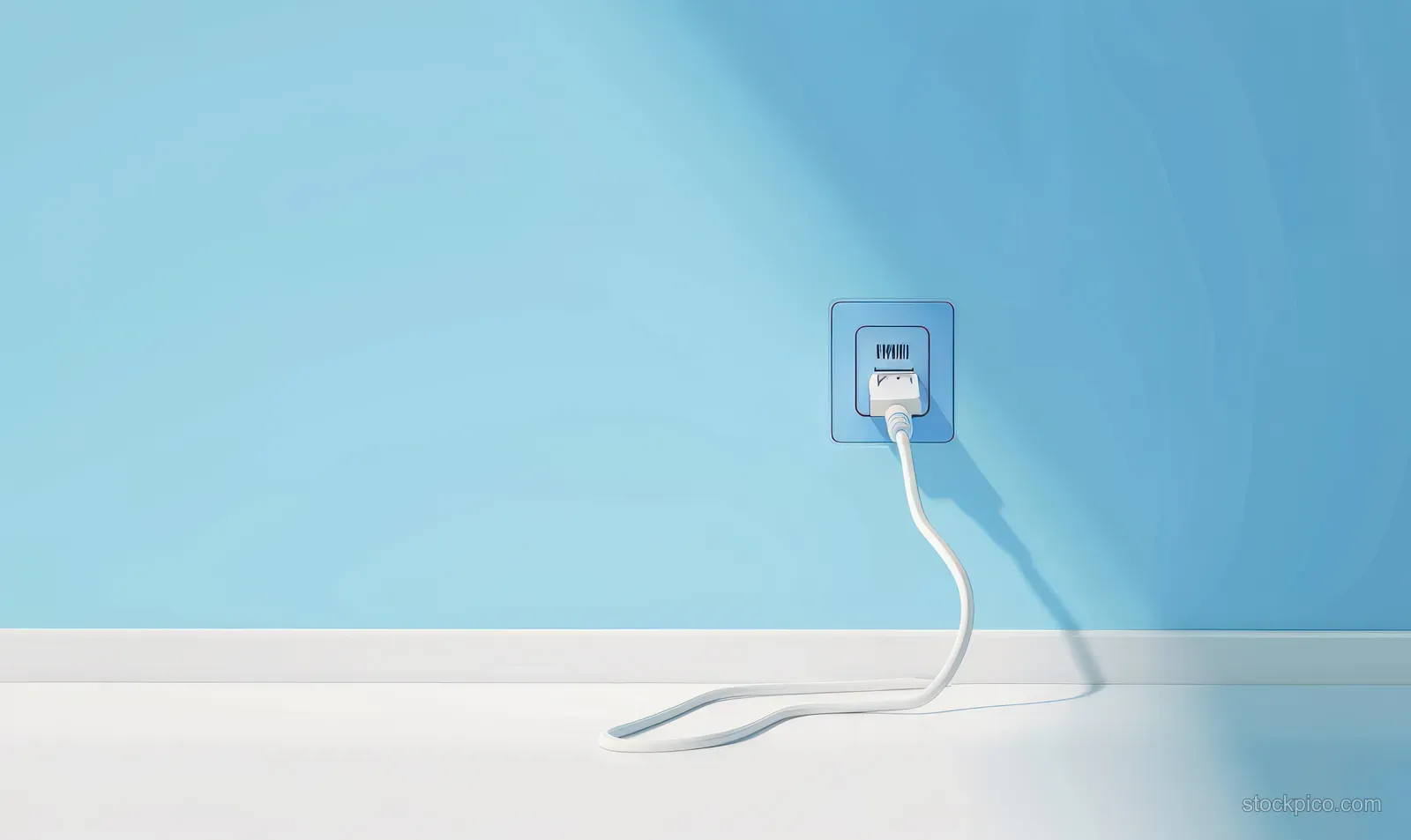 A white plug connected to a wall outlet on a blue wall with a cord and soft shadow on the white floor.