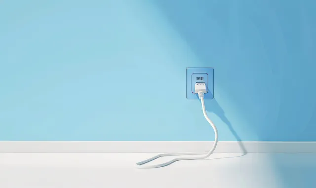 White electrical plug connected to a wall outlet on a blue wall
