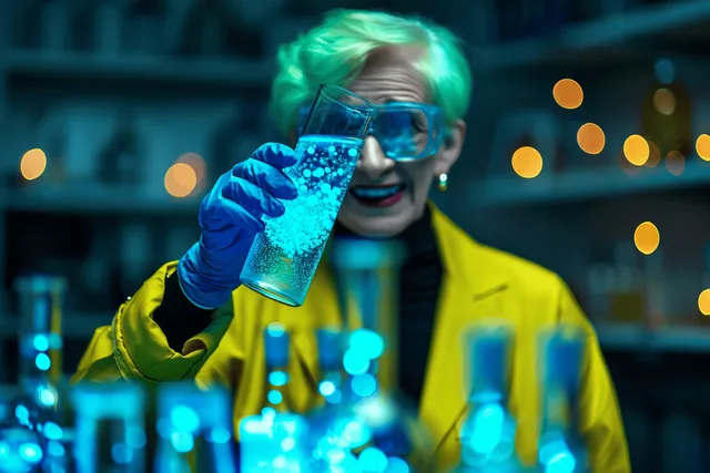 A scientist in gloves holds a flask with glowing blue liquid in a lab surrounded by glassware.