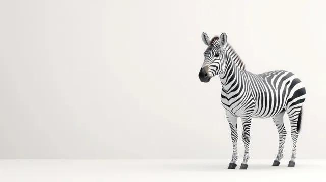 Calm zebra standing in profile against a plain white studio background
