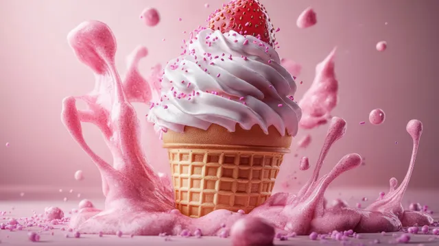 Strawberry ice cream cone with white cream swirl and pink sprinkles splashing into pink liquid on a pink background.