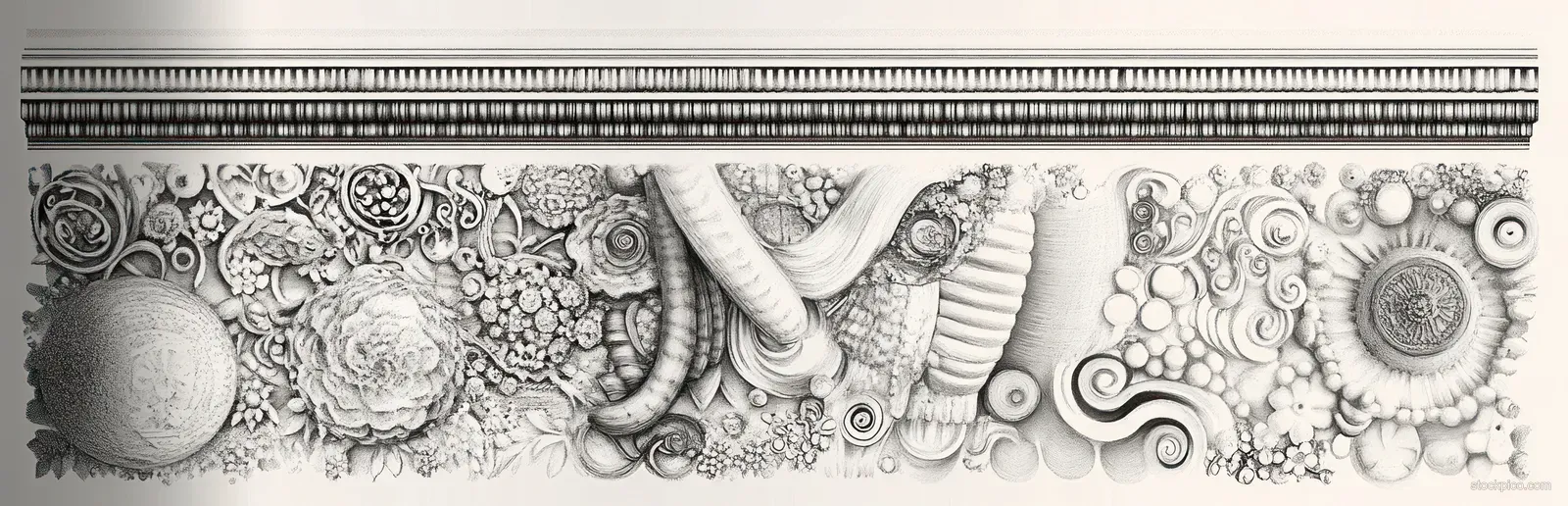 Black and white ornamental frieze showing carved floral swirls, spherical medallions, and textured relief under a decorative border.