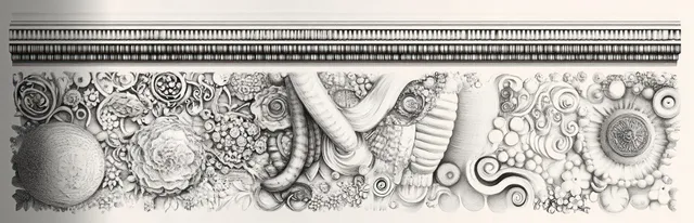 Black and white ornamental frieze showing carved floral swirls, spherical medallions, and textured relief under a decorative border.