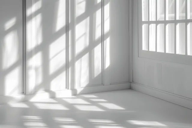 Sunlight through window blinds creates geometric shadows on a blank interior wall and floor.