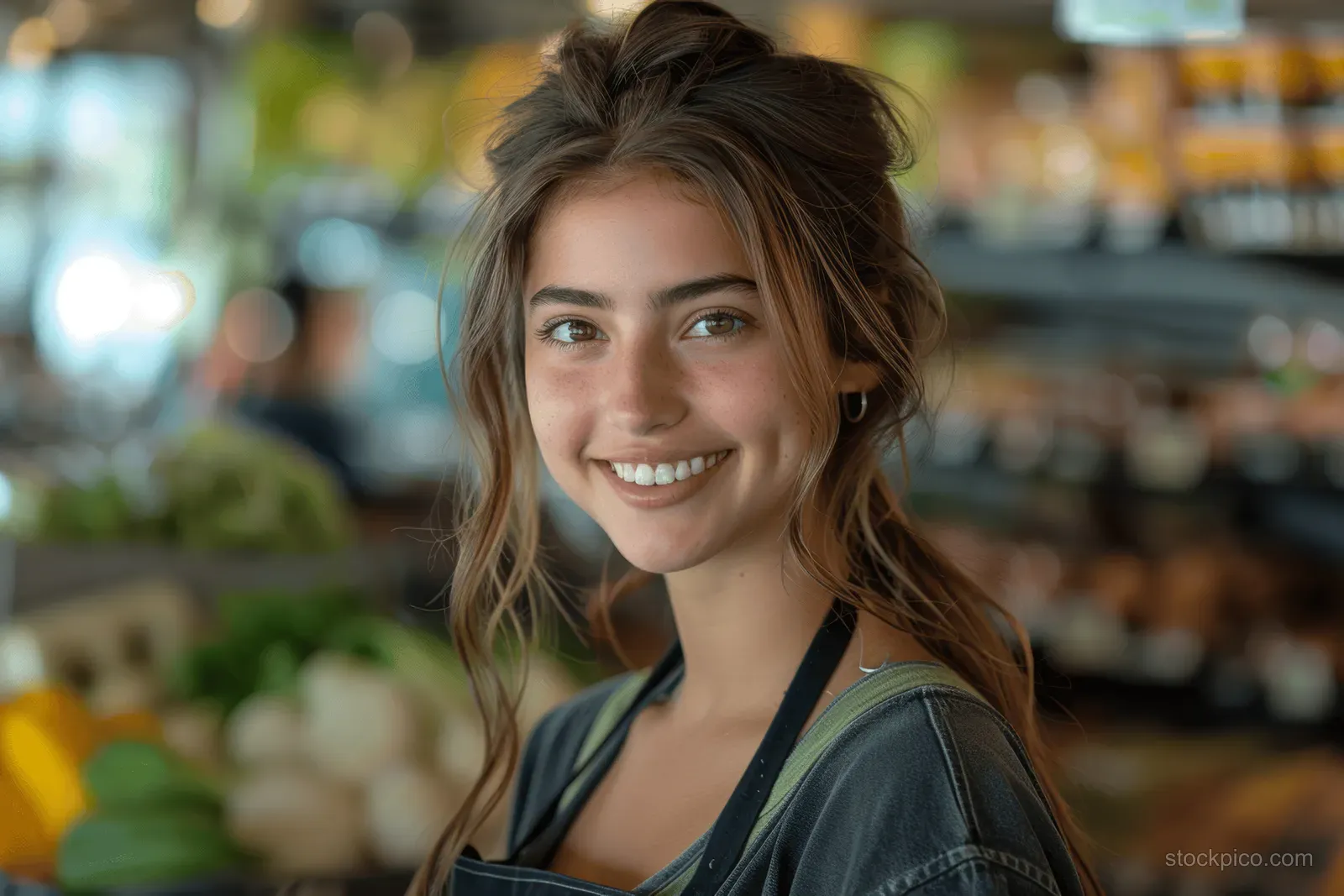 Smiling young grocery cashier stands behind the checkout counter with store shelves blurred behind her.