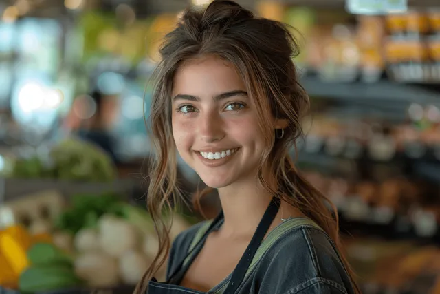 Smiling young grocery cashier stands behind the checkout counter with store shelves blurred behind her.