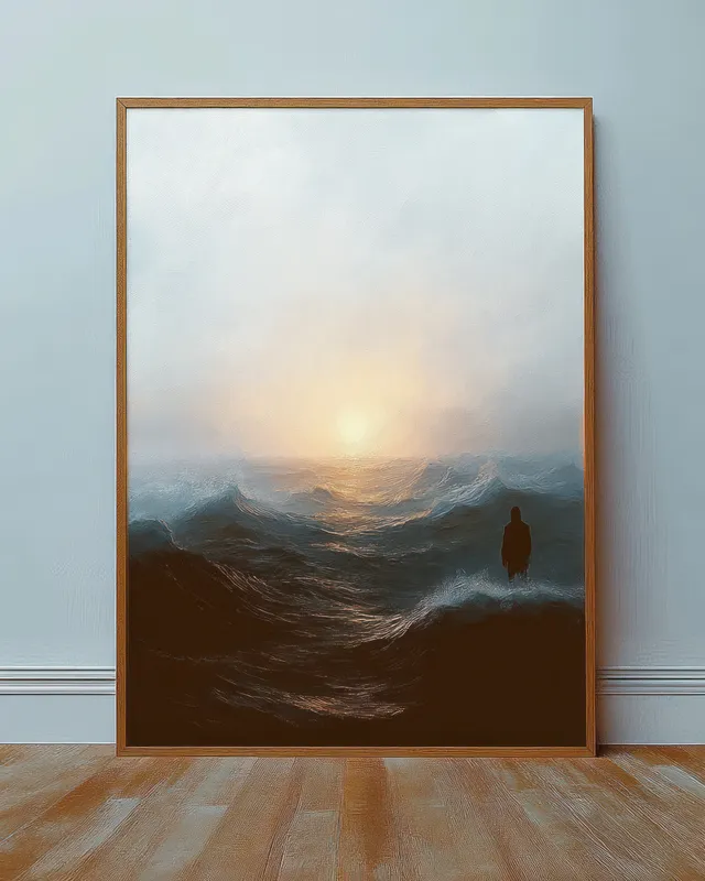 Framed painting of a lone silhouette watching glowing sunset over stormy ocean waves