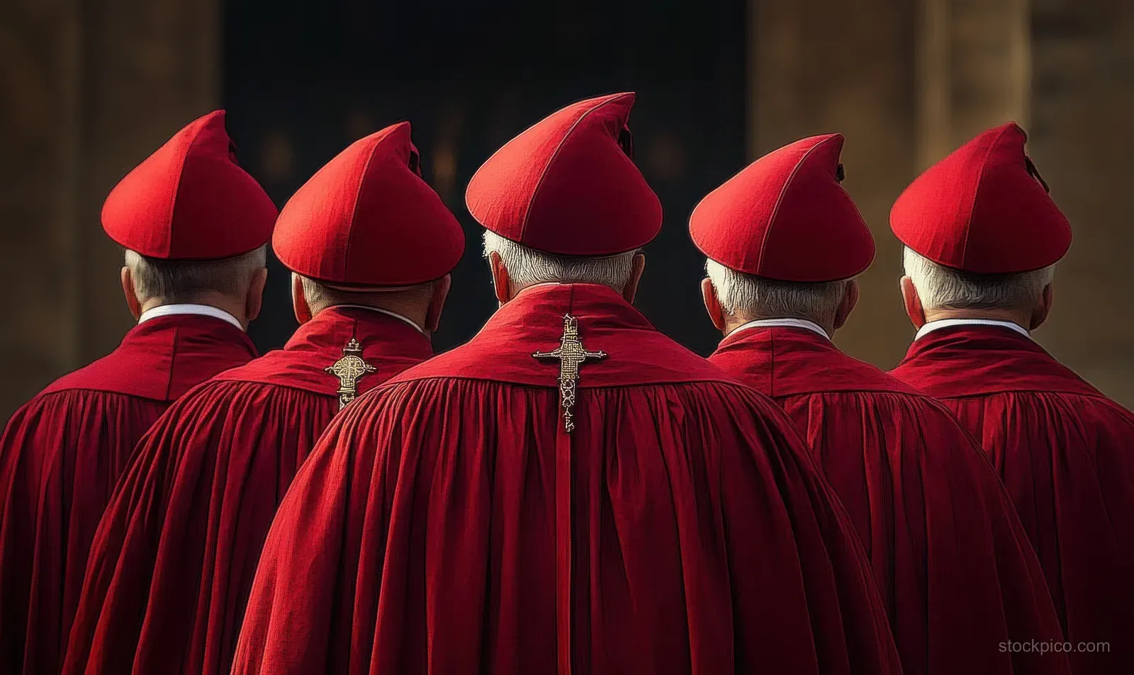 Five clerics in red robes and pointed hats stand indoors with their backs to the camera, cross pendants visible.