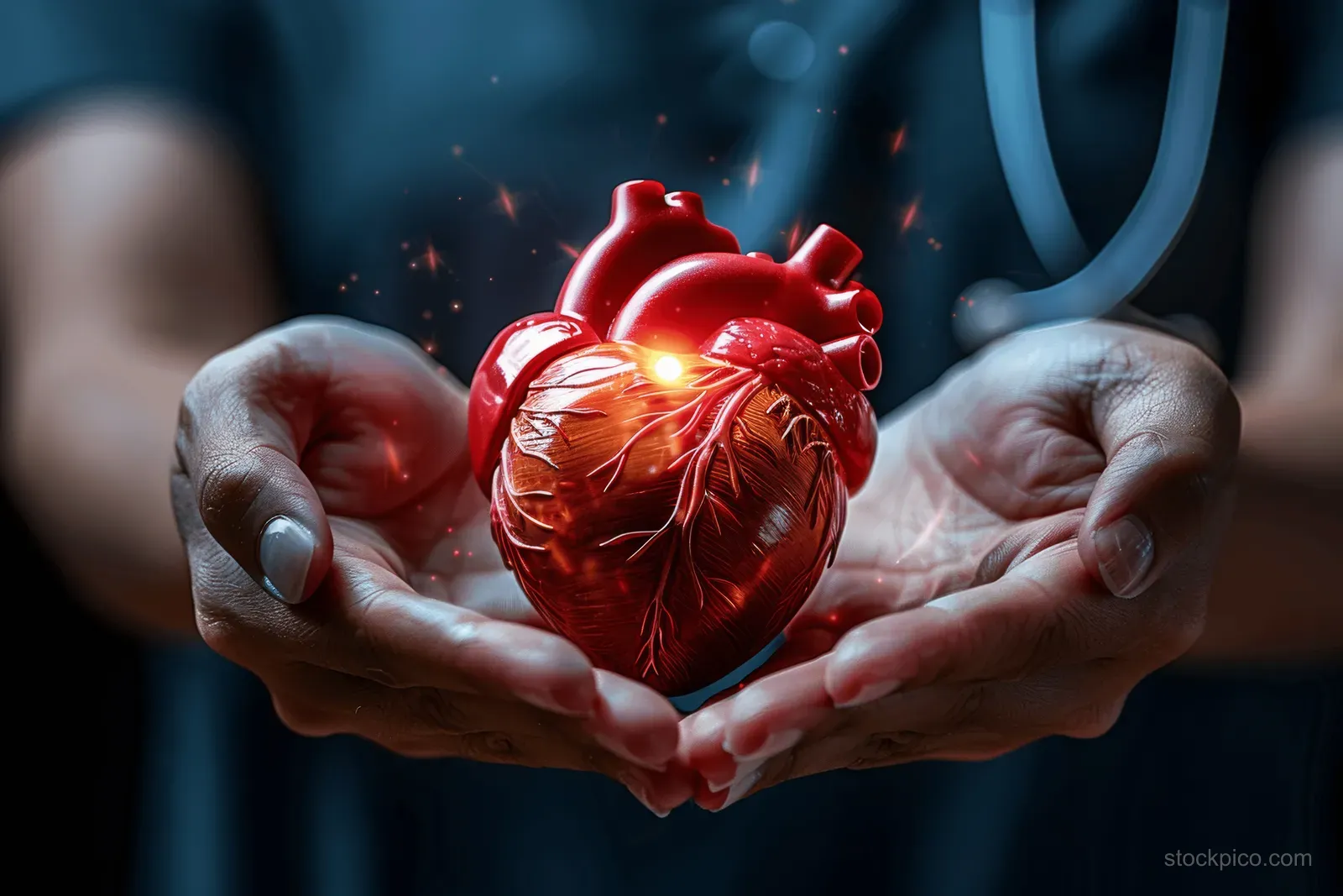 Hands hold a glowing holographic heart with illuminated vein-like lines against a dark medical background.