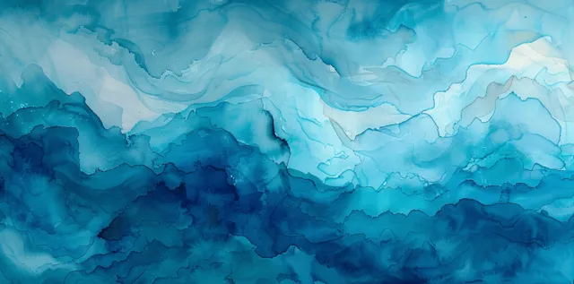 Abstract blue watercolor ocean waves with teal swirls and cloudy ripple textures fill the background.