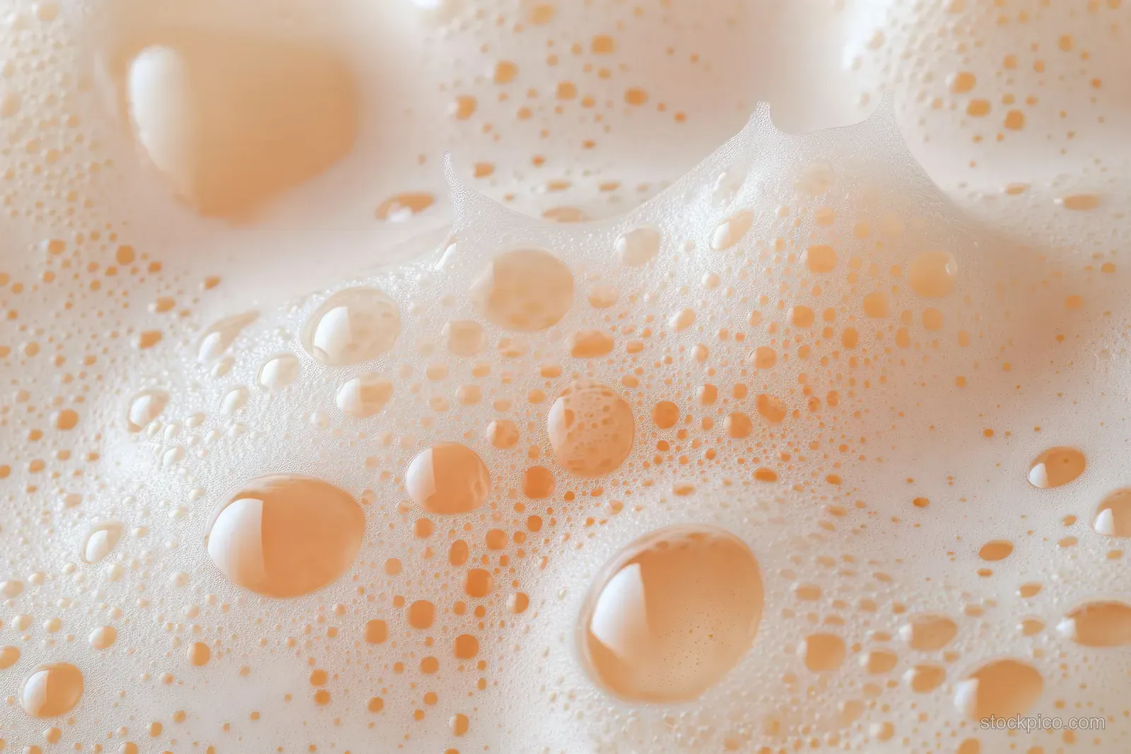 Creamy tan foam bubbles clustered on a smooth wet surface with soft reflections and translucent froth.