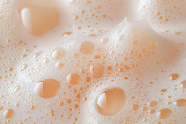 Creamy tan foam bubbles clustered on a smooth wet surface with soft reflections and translucent froth.