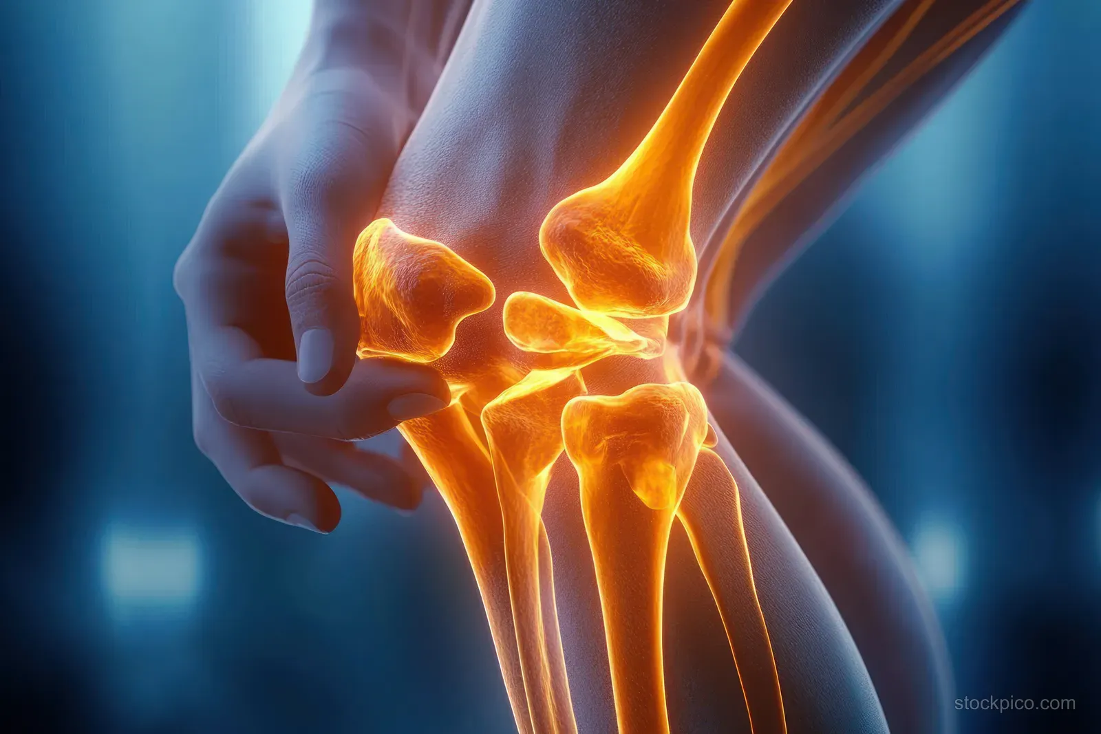 A hand holds a knee as glowing internal bones highlight the knee joint structure suggesting pain.